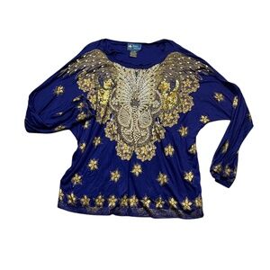 Bali Collection One Size Beaded Blue Gold Tunic 100%‎ Rayon